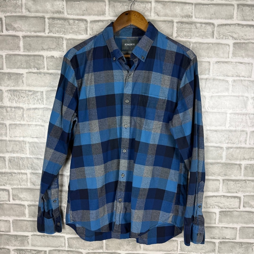 Bonobos Slim Fit Flannel Shirt Mens L Blue Grey Buffalo Plaid Cotton Long Sleeve